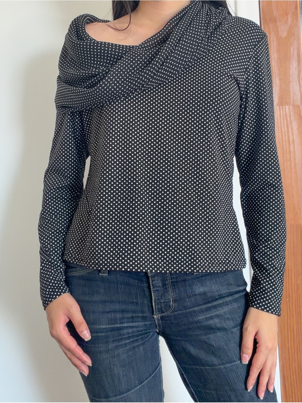 Made in France Vintage Y2K Euro Cowl Neck Black and White Polka Dot Blouse